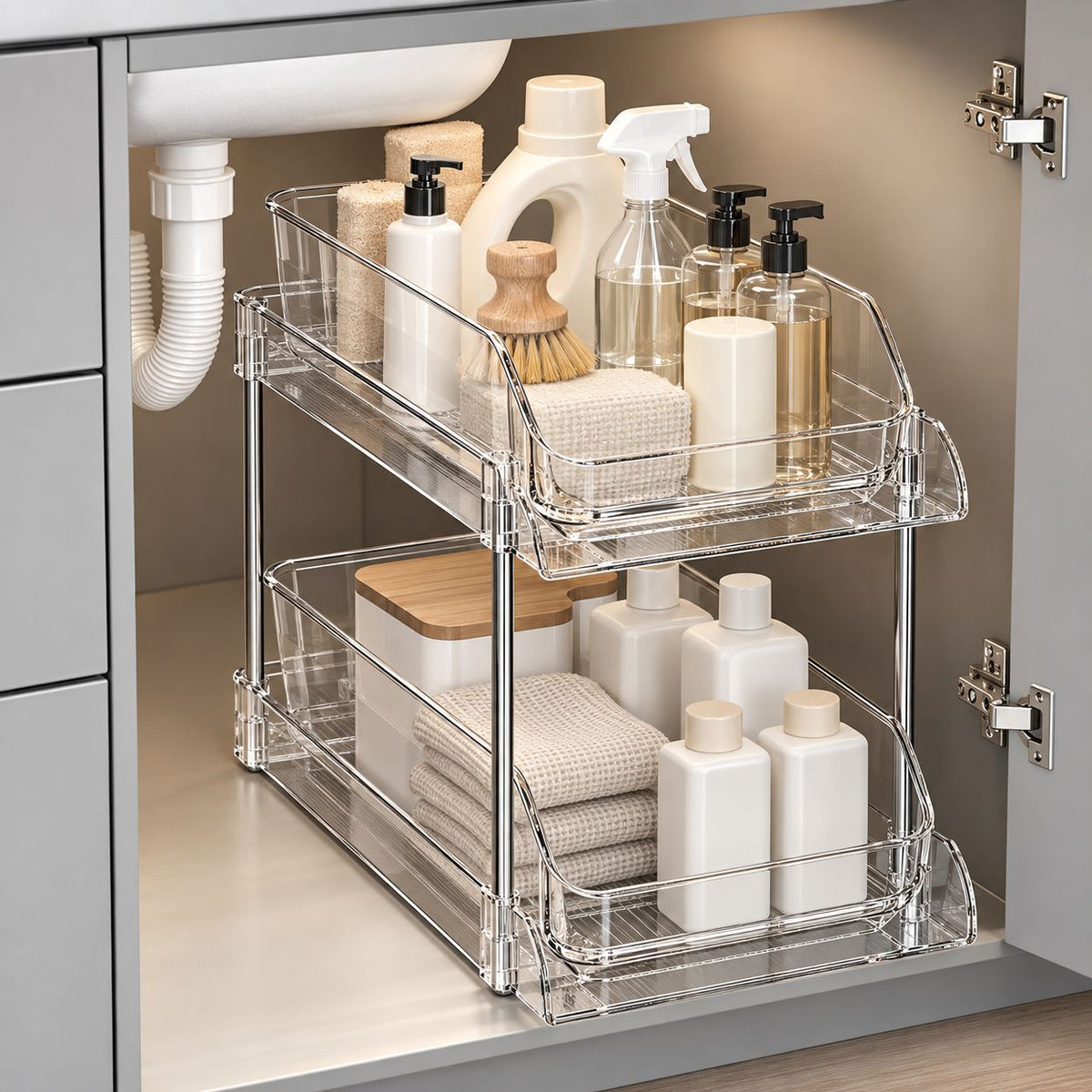 ⏳ Time-Limited Special ⏰ Multifunctional Pull-Out Storage Organizer – Clear 2/3-Tier Design for Bathroom, Under-Sink Cabinets & Vanity ✨