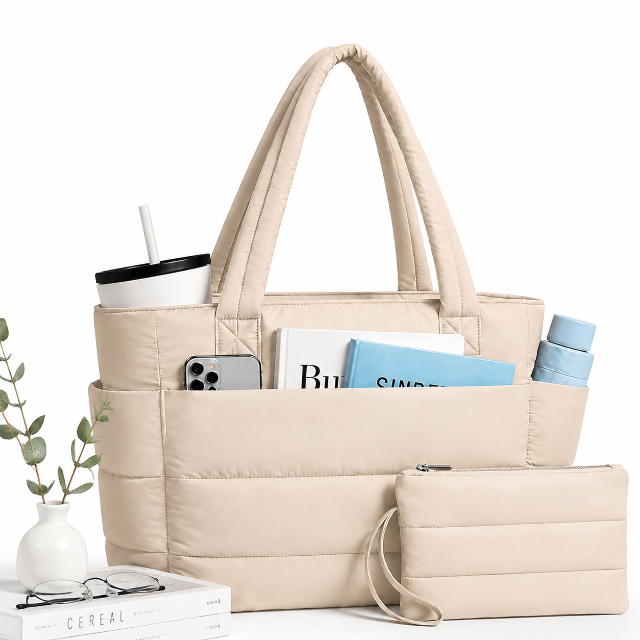 Bolso Tote Acolchado para Mujer con Gran Capacidad y Compartimento para Portátil