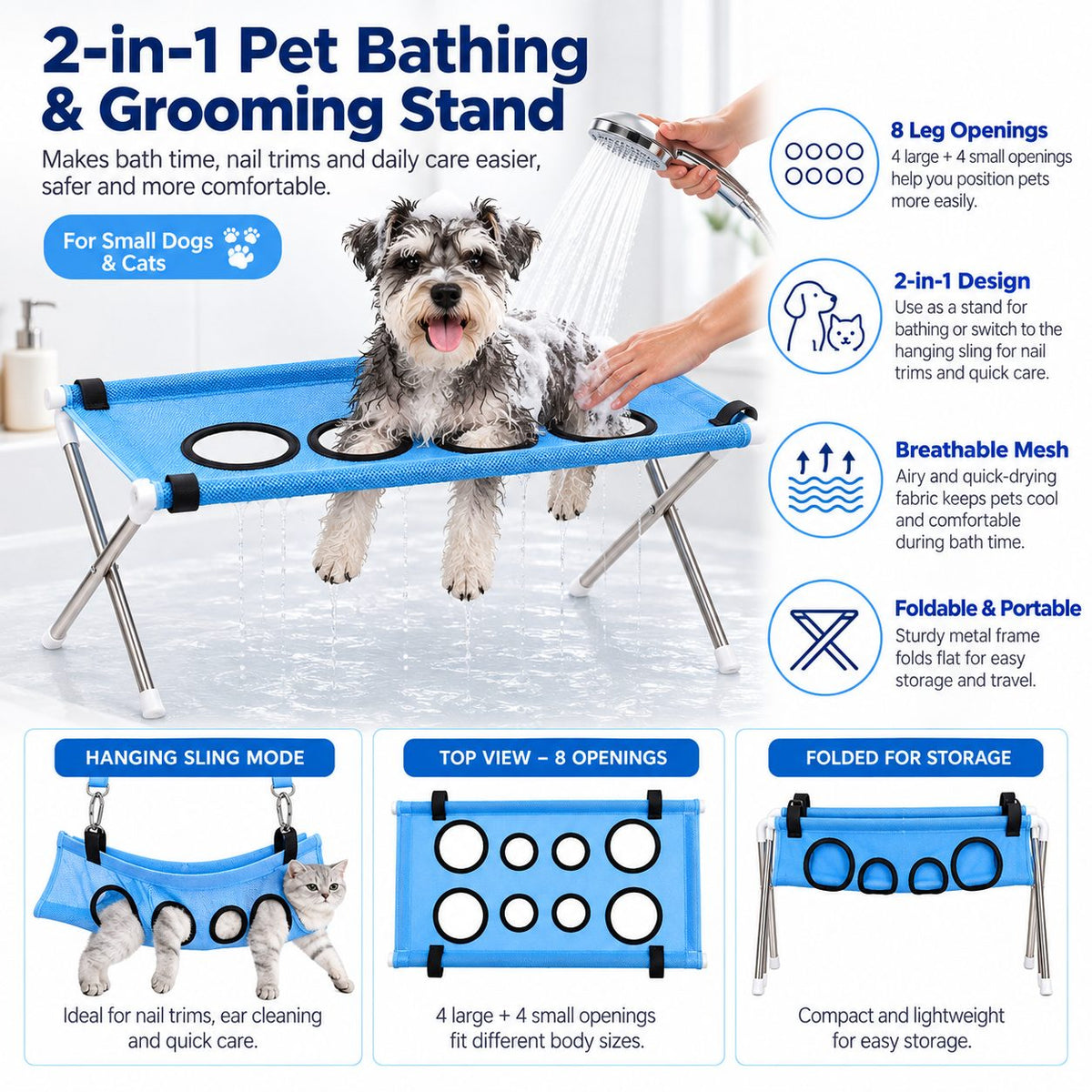 Hands-Free Pet Bathing & Grooming Stand – Foldable 2-in-1 Support Table for Small Dogs & Cats