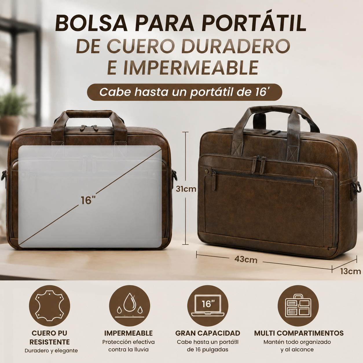 Lunavera Portafolio para Laptop de 16 Pulgadas Tipo Piel Impermeable, Marrón