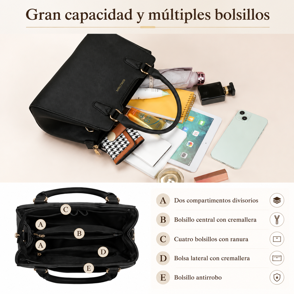 Bolso Satchel Mujer Elegante con Pompon – Diseño PU Premium con Correa Ajustable