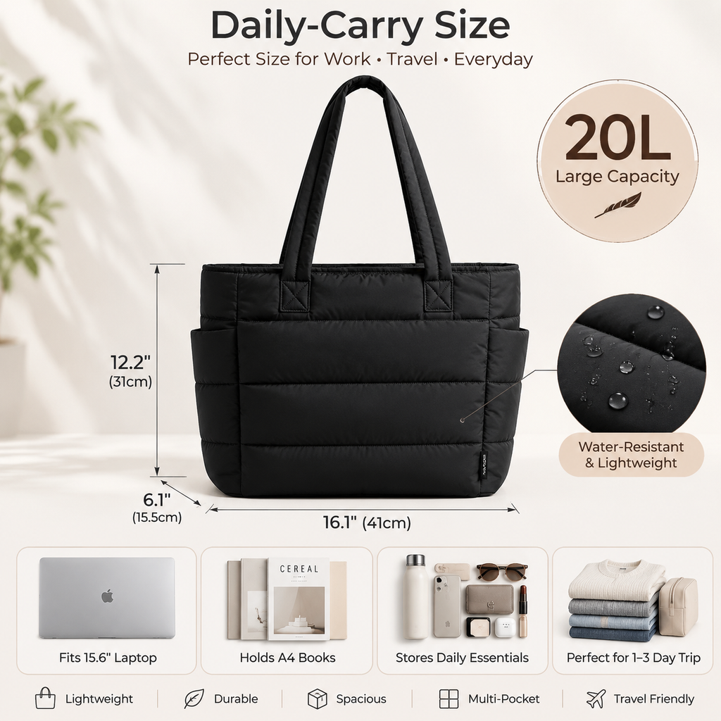 Bolso Tote Puffer para Mujer, Bolsa Acolchada Ligera de Gran Capacidad con Compartimento para Laptop, Bolsa Casual para Trabajo, Viajes y Compras