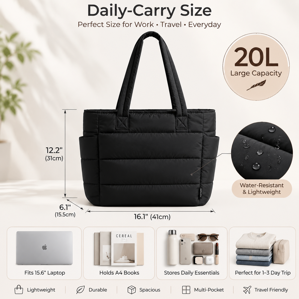Bolso Tote Puffer para Mujer, Bolsa Acolchada Ligera de Gran Capacidad con Compartimento para Laptop, Bolsa Casual para Trabajo, Viajes y Compras