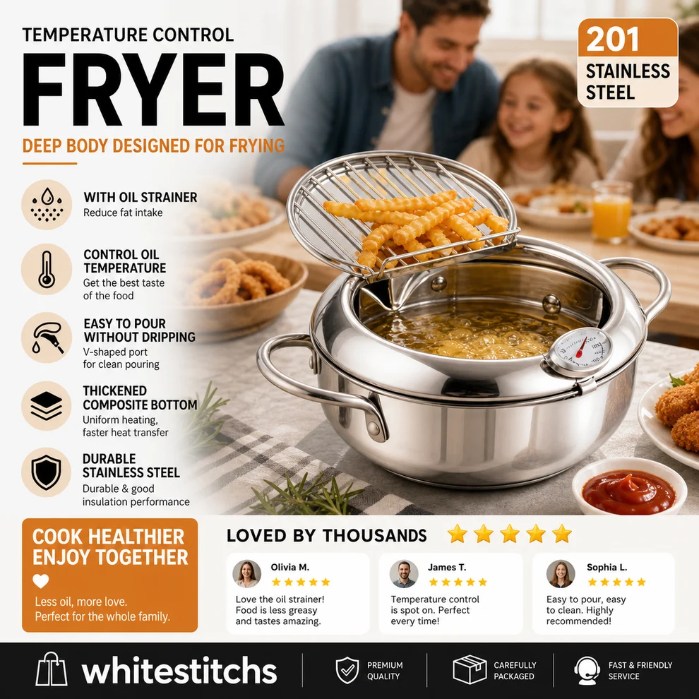 ⏳ Time-Limited Special ⏰ Deep Fryer Pot with Thermometer & Oil Drain Rack – Stainless Steel ✨