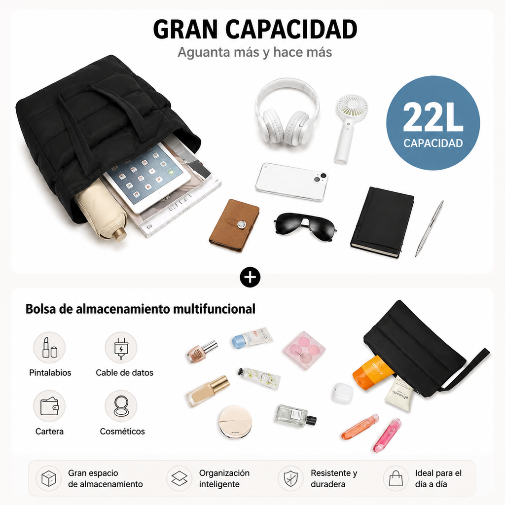 Bolso Tote Acolchado para Mujer con Gran Capacidad y Compartimento para Portátil