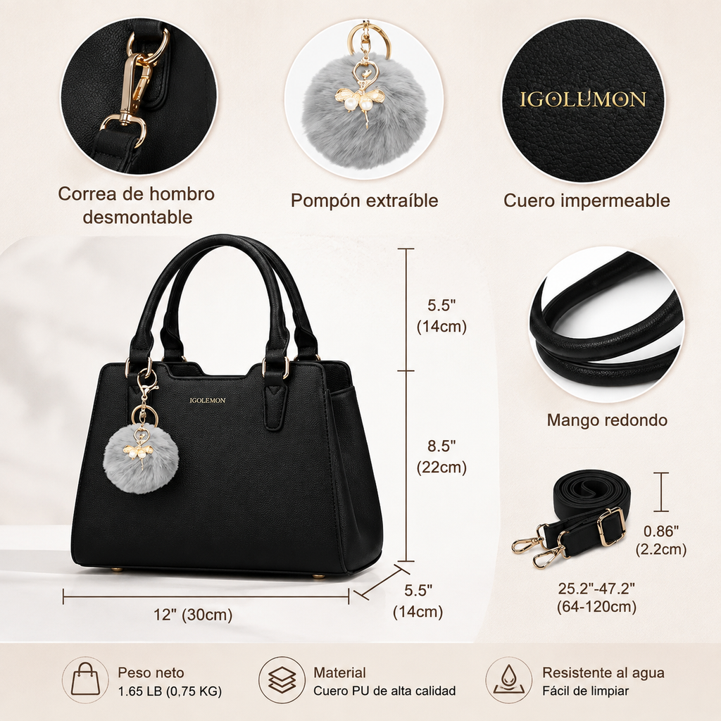 Bolso Satchel Mujer Elegante con Pompon – Diseño PU Premium con Correa Ajustable