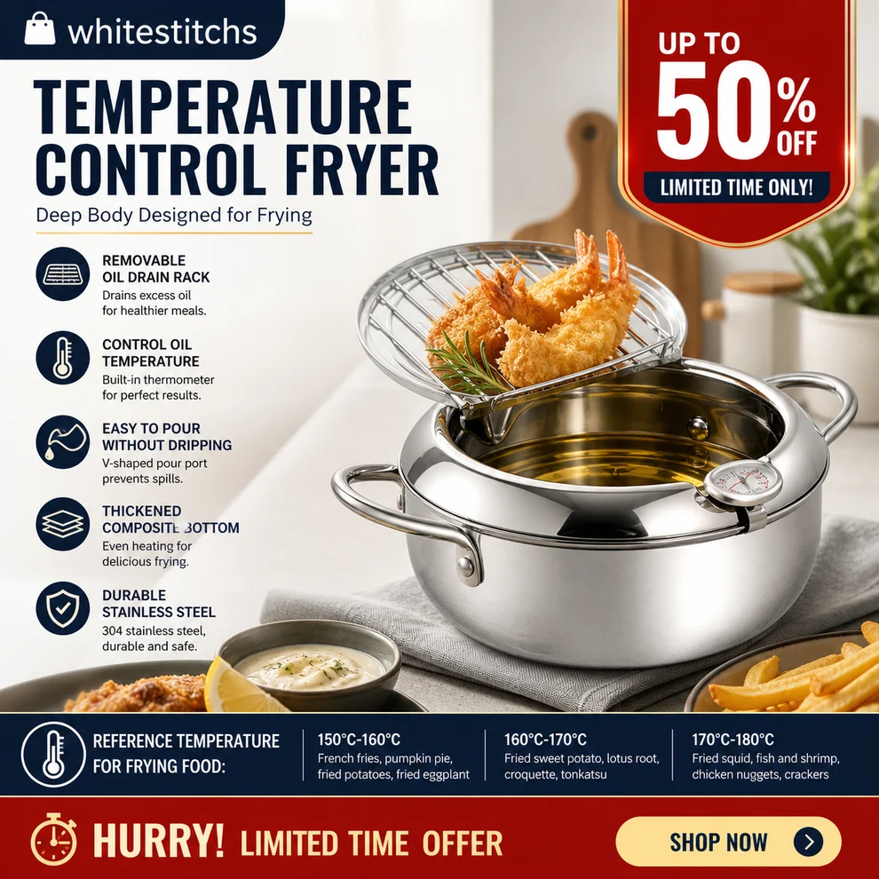 ⏳ Time-Limited Special ⏰ Deep Fryer Pot with Thermometer & Oil Drain Rack – Stainless Steel ✨