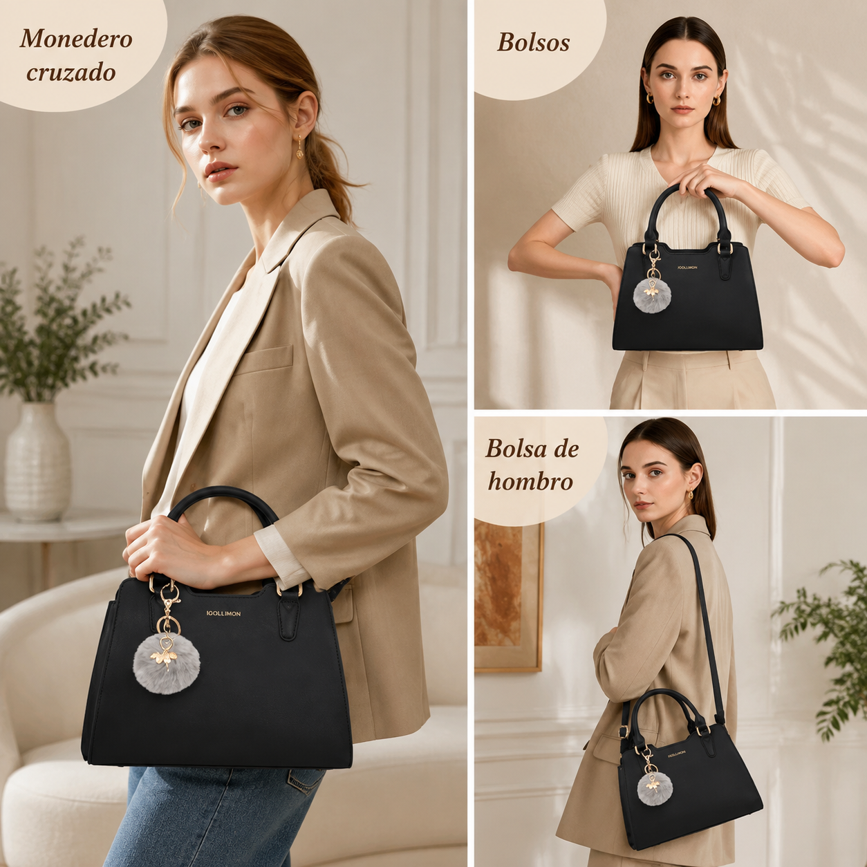 Bolso Satchel Mujer Elegante con Pompon – Diseño PU Premium con Correa Ajustable