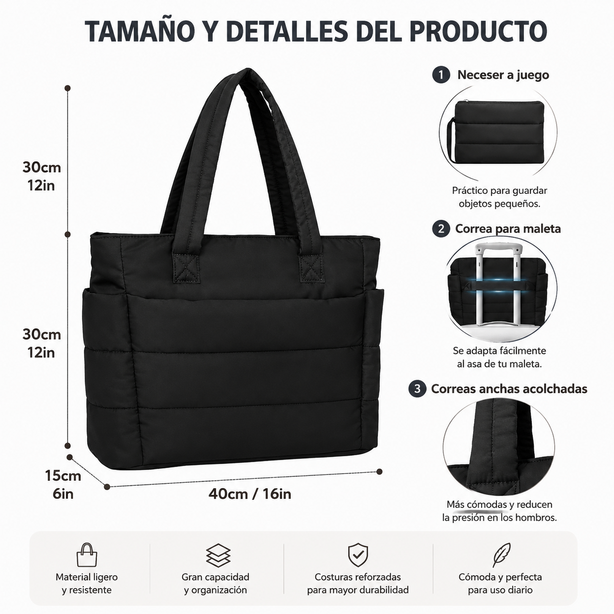 Bolso Tote Acolchado para Mujer con Gran Capacidad y Compartimento para Portátil