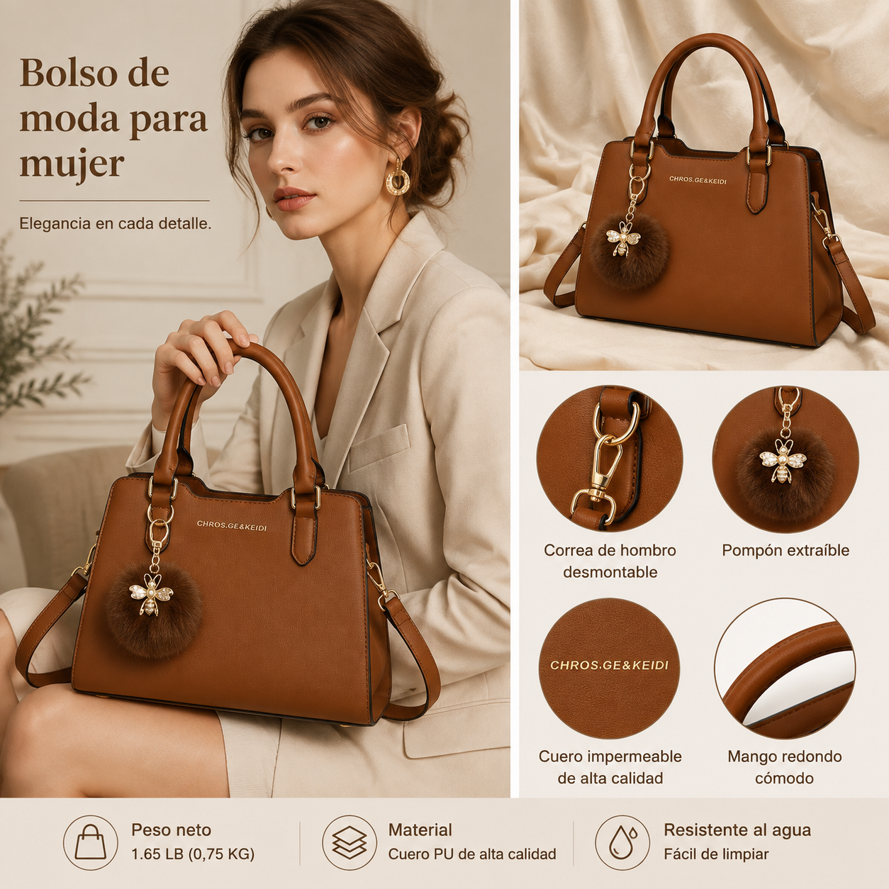 Bolso Satchel Mujer Elegante con Pompon – Diseño PU Premium con Correa Ajustable