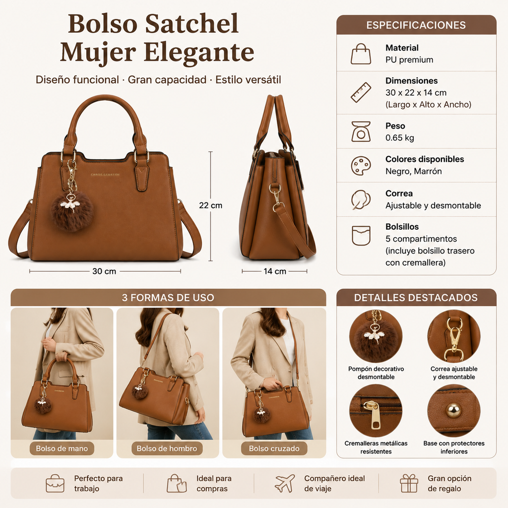 Bolso Satchel Mujer Elegante con Pompon – Diseño PU Premium con Correa Ajustable